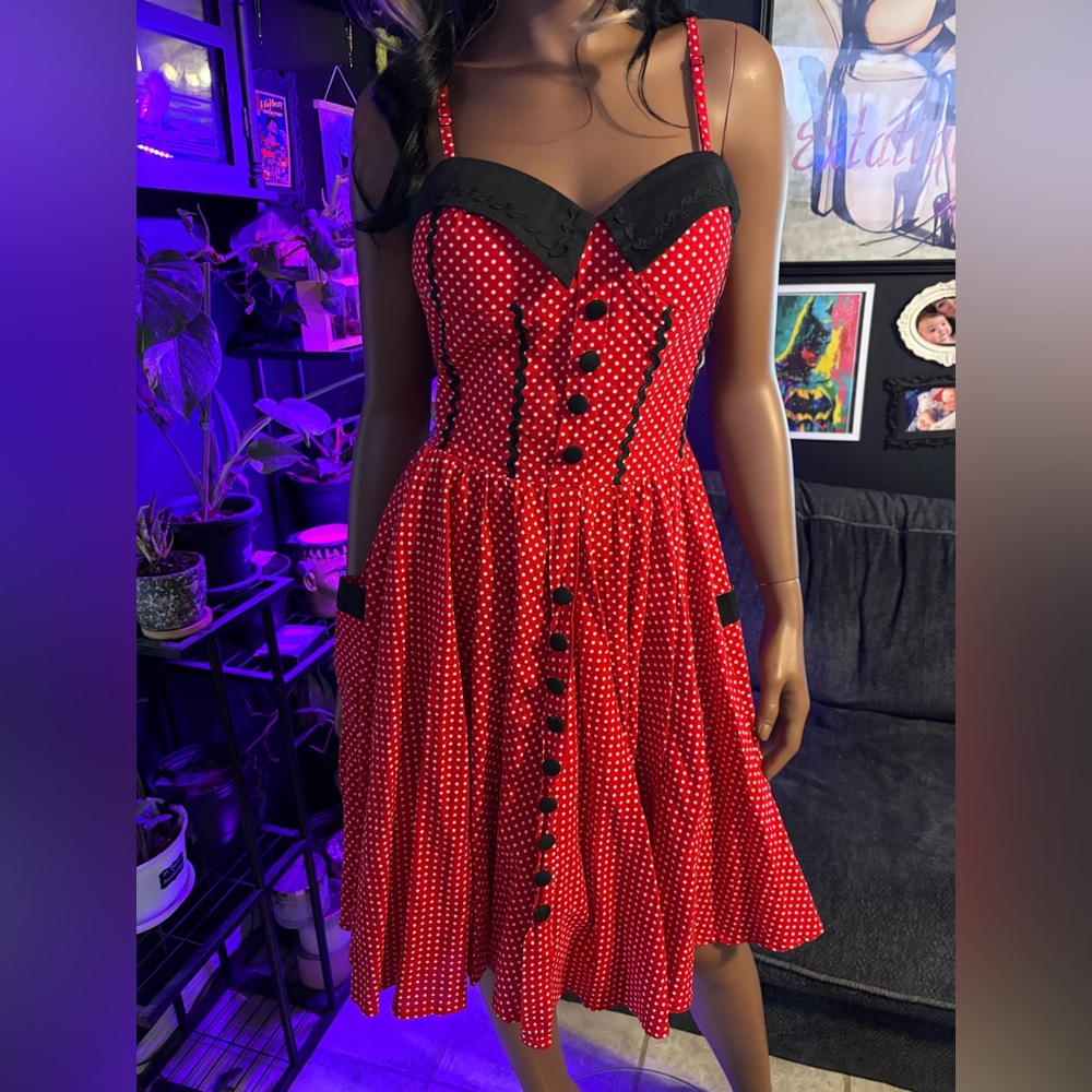Hell Bunny Red Polka Dot Midi Dress with Black Trim